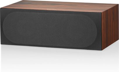 Bowers & Wilkins HTM72 S3 moka centrinė garso kolonėlė, tamsios medienos žemų dažnių garsiakalbis, juodos grotelės, vaizdas iš priekio