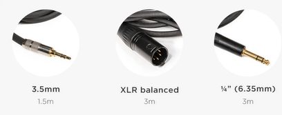 Tři černé ohýbané konektory jack s různými velikostmi: 3,5 mm, vyvážený XLR 3 m a 6,35 mm