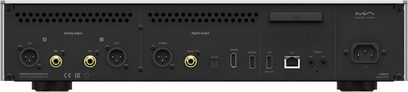 Player audio de rețea Matrix Audio MS-1c, vedere din spate neagră cu ieșiri XLR/RCA, porturi USB, LAN și intrare de alimentare