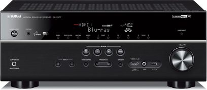 Yamaha RX-V677 sort home-cinema-forstærker, set forfra, sort front med LCD-skærm, kontrolknapper og -hjul, HDMI- og USB-port på forsiden