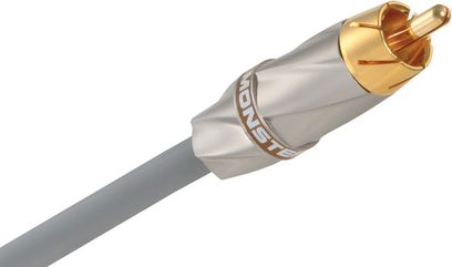 Šedý koaxiální kabel Monster Subwoofer 400SW 5 m s pozlaceným RCA konektorem, pohled z profilu