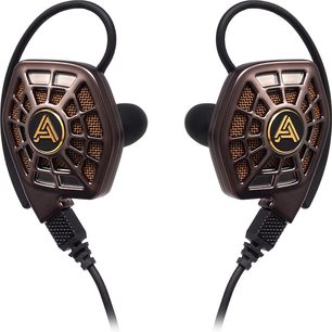 Audeze iSINE 20 brun intra-auriculære hovedtelefoner, set forfra, gyldne sekskantede gitre, ovale ørekopper, sorte kabler