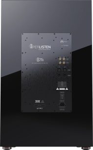 Subwoofer D215s Perlisten čierny lakovaný, zadný pohľad, obdĺžnikový ovládací panel s konektormi a gravírovanými nápismi