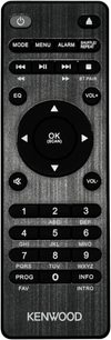 Černý dálkový ovladač Kenwood M-9500S pro Hi-Fi minisystém, numerická klávesnice a kruhové ovládací prvky přehrávání