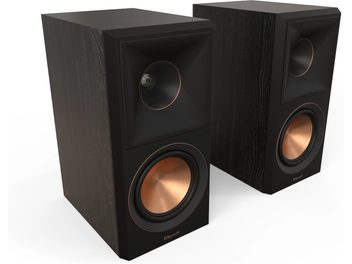 Klipsch RP-500M II ebony bookshelf speakers, black wood, 2 copper speakers, angled front, front view