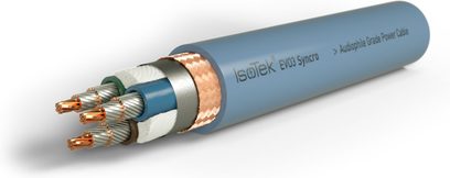 Cavo di alimentazione IsoTek EVO3 Synchro, connettori placcati oro, guaina blu, marcature bianche, vista laterale