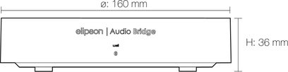 Elipson Audio Bridge netværksaudioafspiller, set forfra, rektangulær form, sort farve, dimensioner 160 mm bred og 36 mm høj