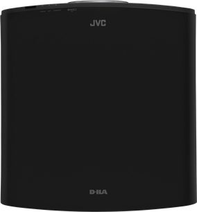 JVC DLA-NZ500B black projector, front view, smooth surface, JVC logo centered at the top, D-ILA logo at the bottom
