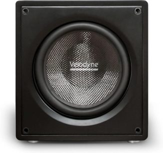 Velodyne VI-Q 12 subwoofer i sort set forfra, kvadratisk kabinet og centralt højttalerelement med tekstureret metalmembran