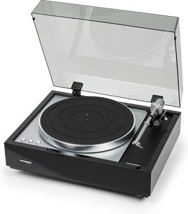 Hi-fi pladespiller Thorens TD 1600 sort, åbent låg, metalplade, tonearm, knapper til højre