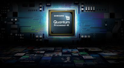 Samsung Quantum Processor 4K-TV QE55Q85R set forfra på en futuristisk blå og gylden printplade-baggrund