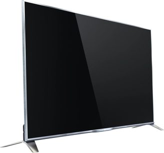 65" sort Philips 65PFS6659 fladskærms-TV, set forfra, på sølvfarvet fod