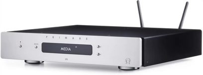 Primare I15 Prisma MK2 silver stereo hi-fi amplifier, front view, rectangular black and silver chassis, front panel with display and buttons