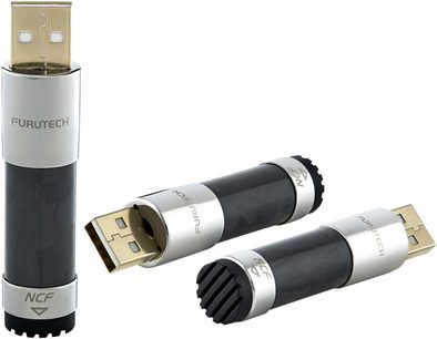 Furutech Clear-Line NCF USB-støyfilter i svart og sølv med USB-A-kontakt og riflet ende