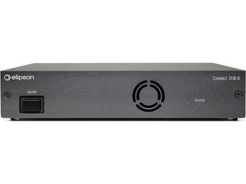 Integroitu stereo-hi-fi-vahvistin Connect 2130 Xi, etunäkymä, musta suorakaiteen muotoinen kotelo, on/off-painike, pyöreä ritilä, 3 merkkivaloa