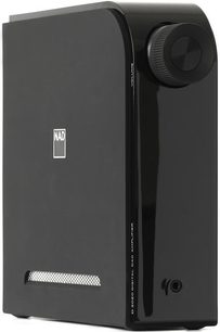 NAD D3020 sort hi-fi stereoforstærker, set forfra, sort front, volumeknap, hovedtelefonstik, NAD-logo