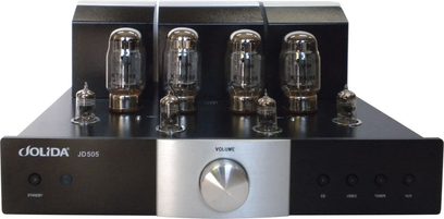 Jolida JD505 csöves hi-fi erősítő, elölnézet, 8 vákuumcső, ezüstszínű hangerőszabályzó, fekete előlap