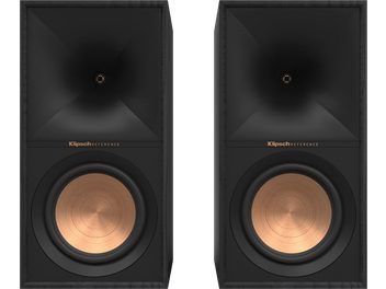 Głośnik półkowy Klipsch R-60M czarny, widok z przodu, dwa okrągłe głośniki miedziane, prostokątna czarna obudowa