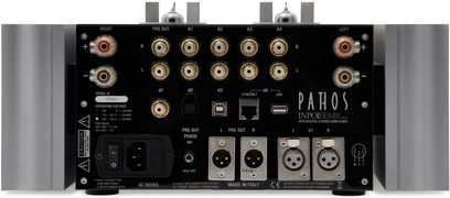 Stereo hi-fi forstærker Pathos InPol Remix MkII mat sort, forfra, stik og kontroller i nærbillede