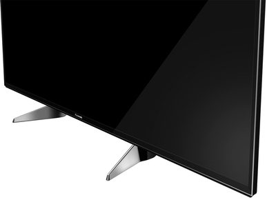 Panasonic TX-49EX600E fladskærms-tv, sort skærm slukket, set fra siden, sølvfarvet V-formet metalfod