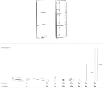 Teknisk diagram med dimensioner af et rektangulært akustisk panel og dets metalbeslag til vægmontering