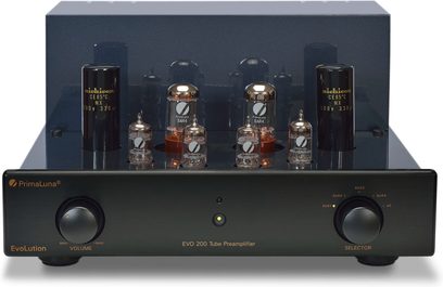 PrimaLuna EVO 200 sort præamplifikator med 5 rør, volumen- og vælgerknapper, set forfra