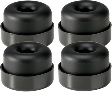 4 schwarze, zylindrische, gestapelte Schwingungsdämpfer aus Gummi oder Polymer mit einer kreisförmigen Aussparung in der Mitte
