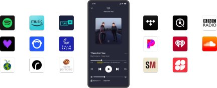 Un'interfaccia mobile scura che mostra una canzone circondata da 18 icone di applicazioni musicali colorate su sfondo nero