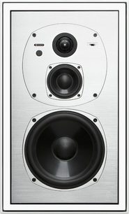 Boston Acoustics VSi5835 akustisk højttaler, set forfra, hvid basreflekskabinet, sort midterhøjttaler, sort diskanthøjttaler oven over