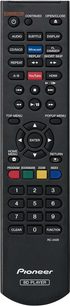 Sort Pioneer RC-2429 fjernbetjening med multifarvede knapper og LCD-skærm, der viser "YouTube" og "HDMI"