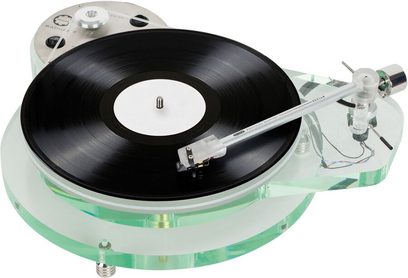 Roksan Radius 7 gennemsigtig pladespiller set oppefra med Nima tonearm og monteret pickup