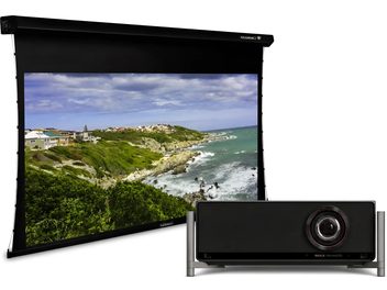 Schwarze motorisierte Projektionsleinwand mit schwarzem Heimkino-Videoprojektor in Frontalansicht
