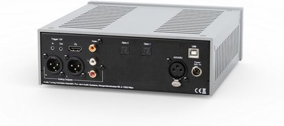 Audioomformer DAC Pro-Ject DAC Box RS2 grå, bakfra med USB-, optiske, koaksiale, RCA- og XLR-porter