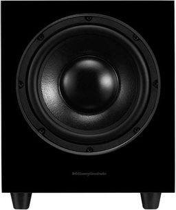 Wharfedale D10 sort baskabin, set forfra, sort rund højttaler i midten i et sort firkantet kabinet