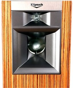 Klipsch P37F naturlig træ-gulvhøjttaler, set forfra, med synlig diskant og basenheder bag et metalgitter