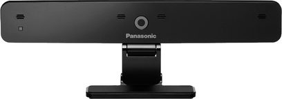 Sort Panasonic TY-CC10W-kamera, set forfra, rektangulær med centralt objektiv og foldbart monteringsstativ