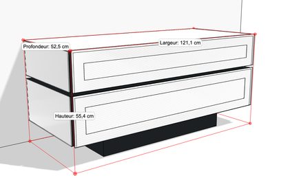 Lavt, rektangulært TV-møbel i hvid og sort med 2 skuffer, dimensioner 121,1 cm lang, 52,5 cm dyb, 55,4 cm høj