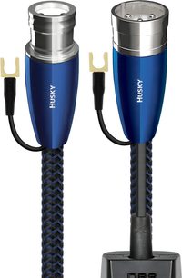 Subwooferový kabel Audioquest Husky 72V DBS, modro-černý textilní oplet, stříbřitě modré kovové XLR konektory, zemnící vidličky