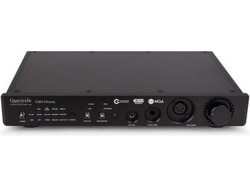 Black Questyle CMA Fifteen hi-fi headphone preamplifier, front view with jack and XLR sockets, selectors, and large volume knob