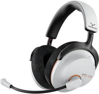 Trådløst gaming-headset Beyerdynamic MMX 230 Wireless grå, hvit hodebøyle, lukkede øreklokker og fleksibel bommikrofon