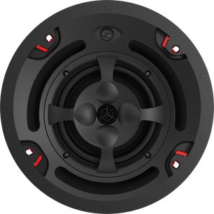 Deckenlautsprecher Klipsch PIC-650-T BW, Vorderansicht, runde Form, schwarze Oberfläche, rote und schwarze Elemente