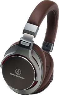 Åbne hovedtelefoner Audio Technica ATH-MSR7 brun, polstret hovedbøjle, ovale ørekopper, blank sølvfinish på ørekopperne, set fra højre side
