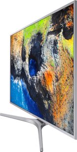 Samsung UE40MU6405 fladskærms-TV, der viser et farverigt abstrakt maleri i blå, gule og orange nuancer