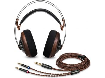 Cuffie hi-fi circumaurali marroni e nere con archetto metallico, padiglioni spessi e cavo intrecciato staccabile