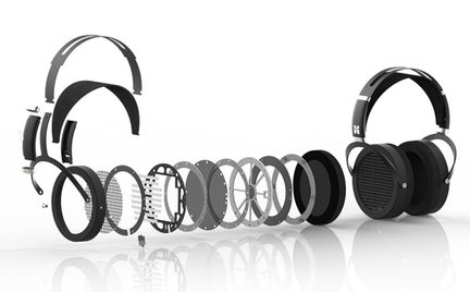 Black HiFiMAN headphones, exploded view detailing the internal layers of the circular planar magnetic drivers