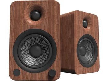 Set de 2 boxe inteligente Kanto YU4 din lemn maro cu finisaj de nuc, carcase dreptunghiulare cu colțuri rotunjite, tweeter negru încastrat și woofer negru texturat la vedere, una văzută din față și cealaltă din unghi de trei sferturi
