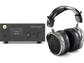 Amplificatore per cuffie Gold Note HP-10 nero con cuffie Audeze LCD-4 grigie e nere vista frontale