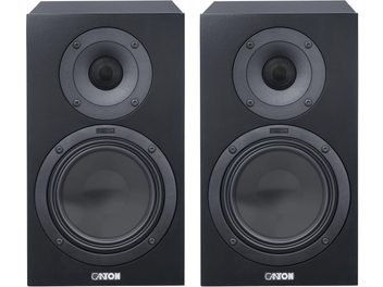 Paar schwarzer Canton GLE 20 S2 Regallautsprecher, Vorderansicht mit sichtbarem runden Hochtöner und großem runden Woofer