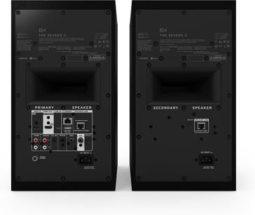 Rückansicht des schwarzen Lautsprecherpaars Klipsch The Sevens II mit Anschlussfeldern und Audioanschlüssen