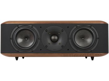 Enceinte centrale Chario Aviator Balbo en bois noyer brun avec façade noire mate, vue de face, coffret à bords arrondis doté de deux haut-parleurs médium-grave encadrant un tweeter à dôme central et reposant sur quatre pieds coniques noirs